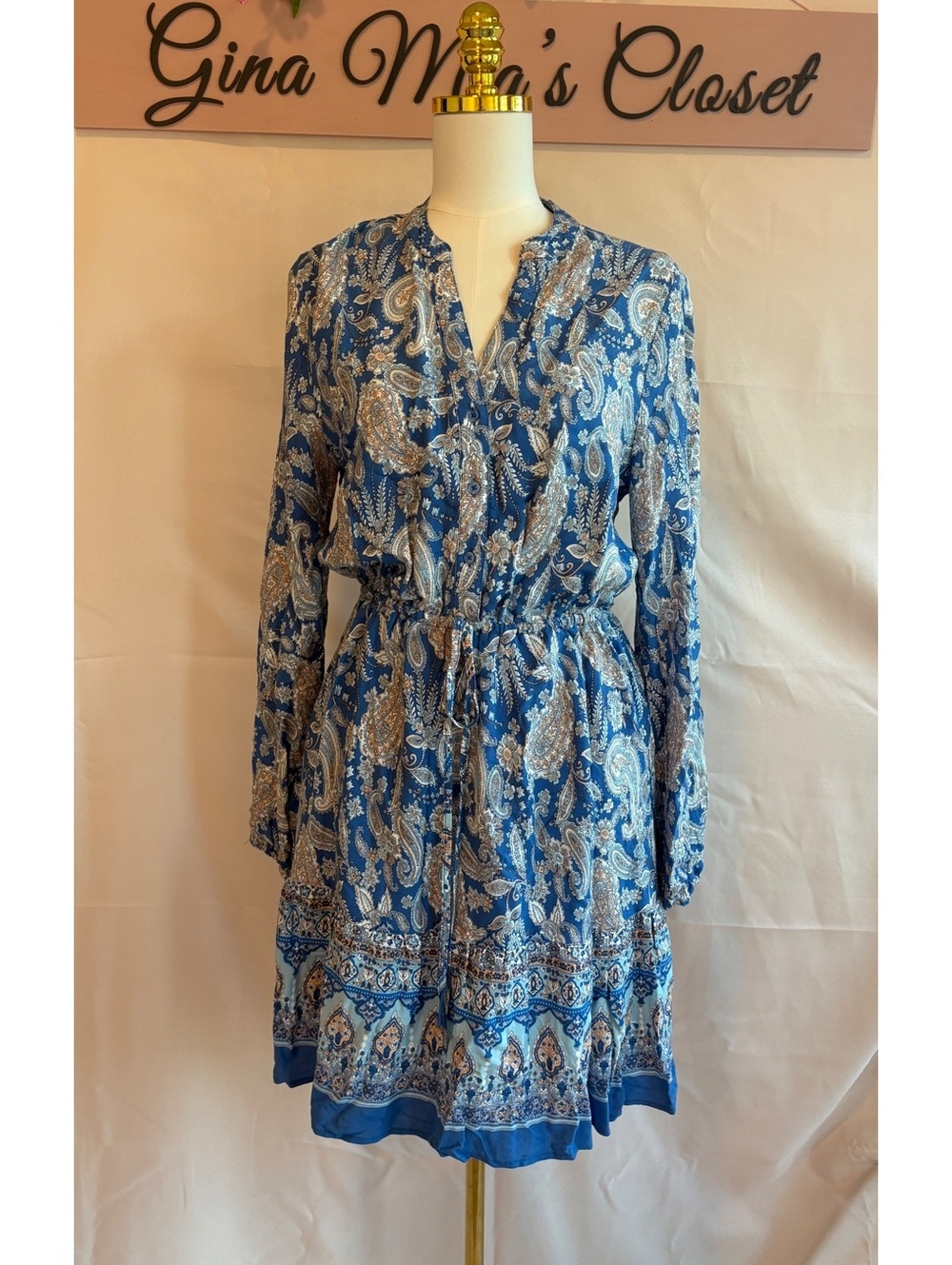 Luxe Apothetique En Creme Blue Paisley Long Sleeve Dress Size Large